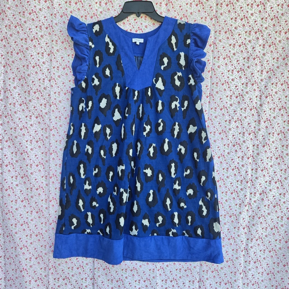 Blue Leopard Print Ruffle Cap Sleeve‎ V-Neck Tunic Dress Size Large